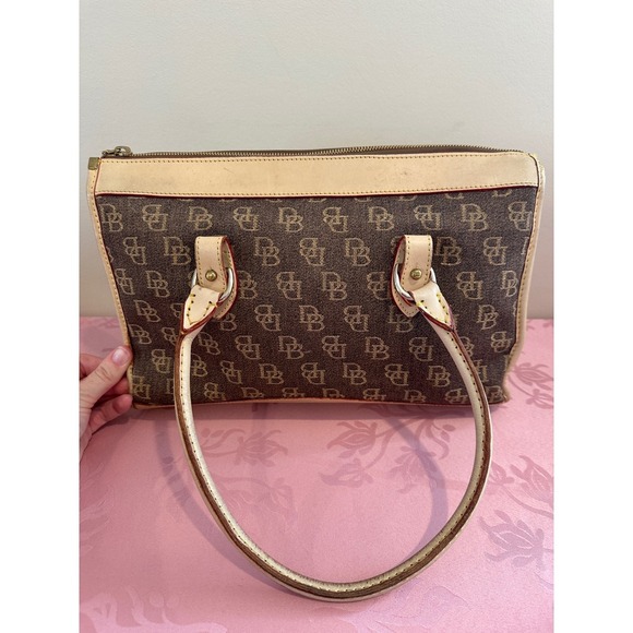Vintage Dooney & Bourke Satchel Bag DB Monogram Tan Leather Trimmed Zip Top - Picture 3 of 10